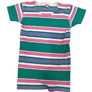 Vintage 80s Chaps Striped Dress Green Pink Purple White Cotton Retro‎ Casual